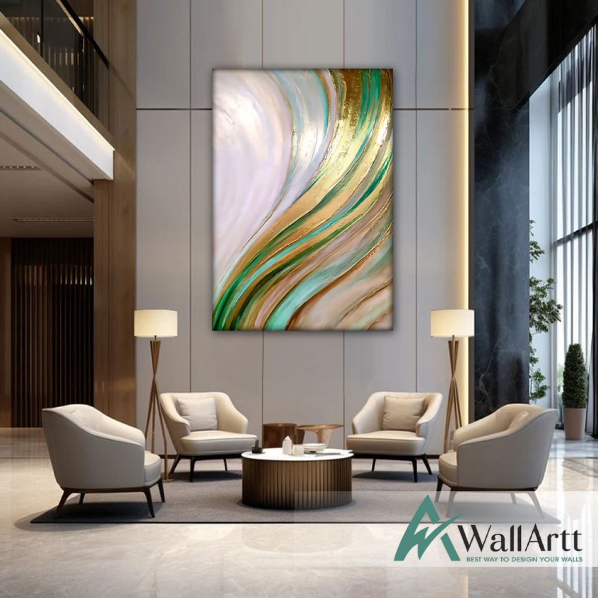Abstract Gold Green 3d Heavy Textured Partial Oil Painting - Wall Art